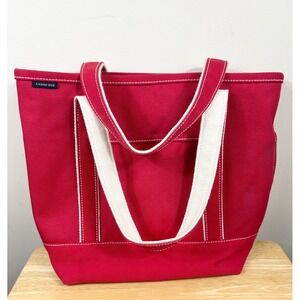 Lands' End Red Canvas Tote Bag Cotton Pockets Utility Handbag Travel Beach